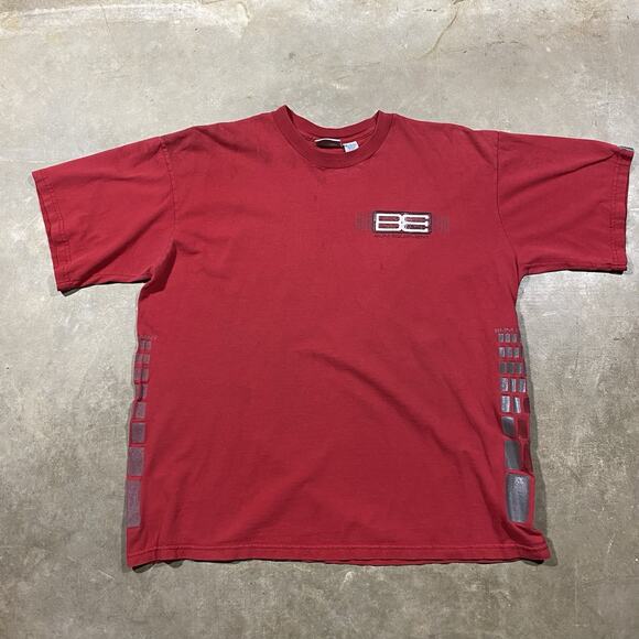VTG Y2K B.U.M. Equipment BE Logo Tee Red Metallic Grid Graphic Shirt L - Picture 1 of 13